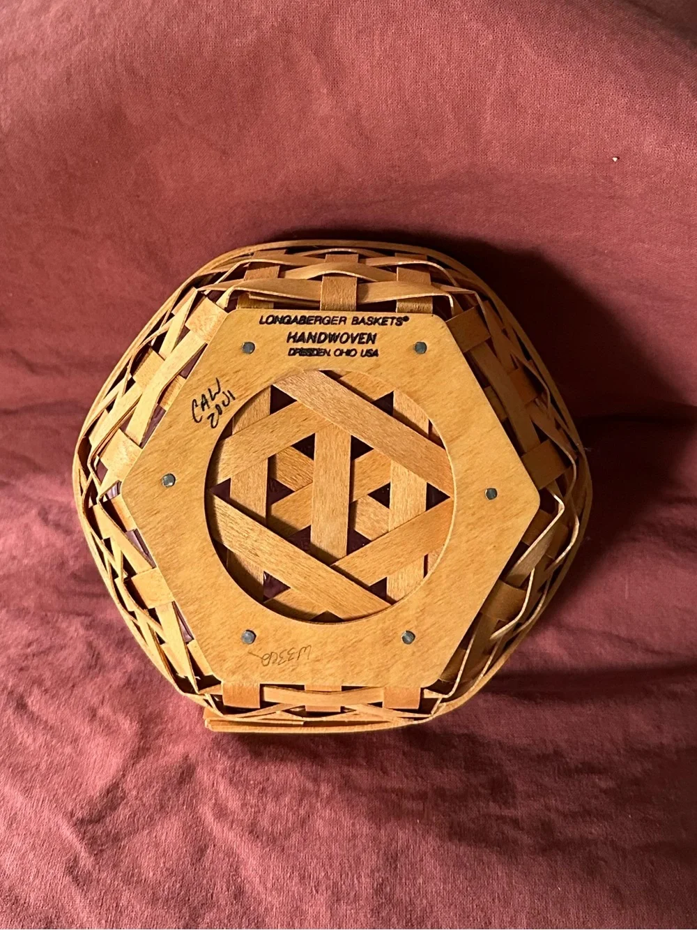 Longaberger Hexagon-Shaped Basket with Fabric Liner and Protector (2001)